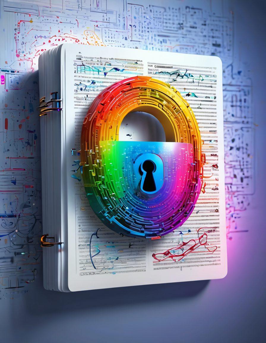 A visually striking digital diary with colorful locks symbolizing data protection, set against a serene background of swirling binary code. The diary pages are open, revealing vibrant sketches and notes, merging creativity with security symbols like shields and keys. Include a glowing digital interface overlay, illustrating the mastery of data protection. super-realistic. vibrant colors. 3D.