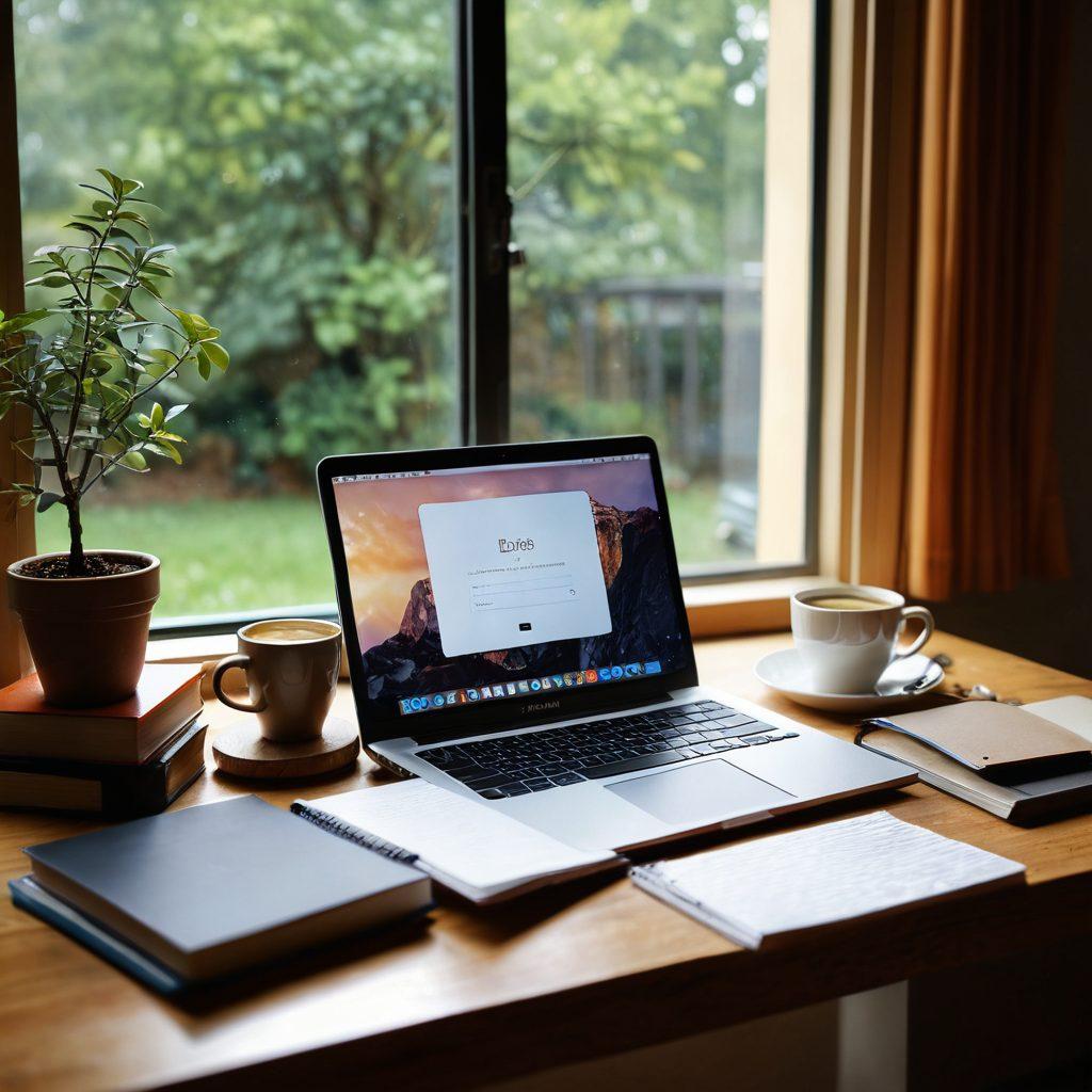 A cozy and inviting blogging workspace with a laptop displaying a locked padlock symbol on the screen, surrounded by privacy-focused books and a cup of coffee. Soft light filters through a window, casting gentle shadows, while a notepad and pen hint at creative ideas being penned down. A serene atmosphere, evoking a sense of security and focus, balances technology with warmth. super-realistic. warm colors. soft focus.